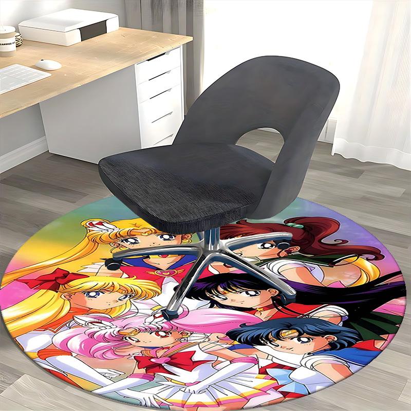 1pc Sailor Moon Round Carpet for Office Chair Mat, Anime Cartoon Design, NonSlip Rug, Suitable for Home Decor, Living Room, Bedroom