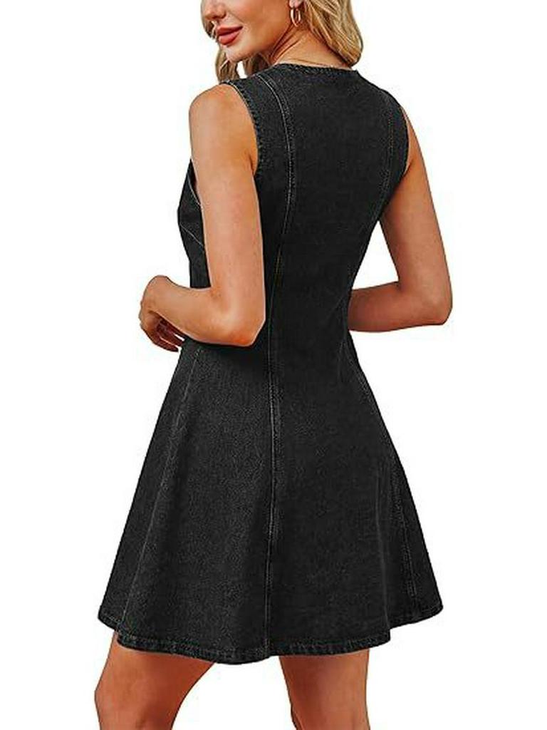 Women's 2026 European & American Slim Fit Washed Denim Sleeveless Button Dress with Pockets