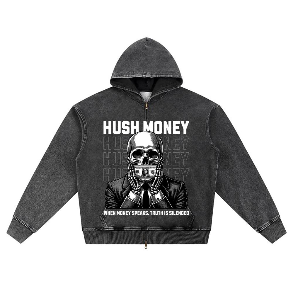 

DTG print Knitted Denim Zip-Up Hoodie Skeleton mouth hush money Brother Print Zipper Hoodies S