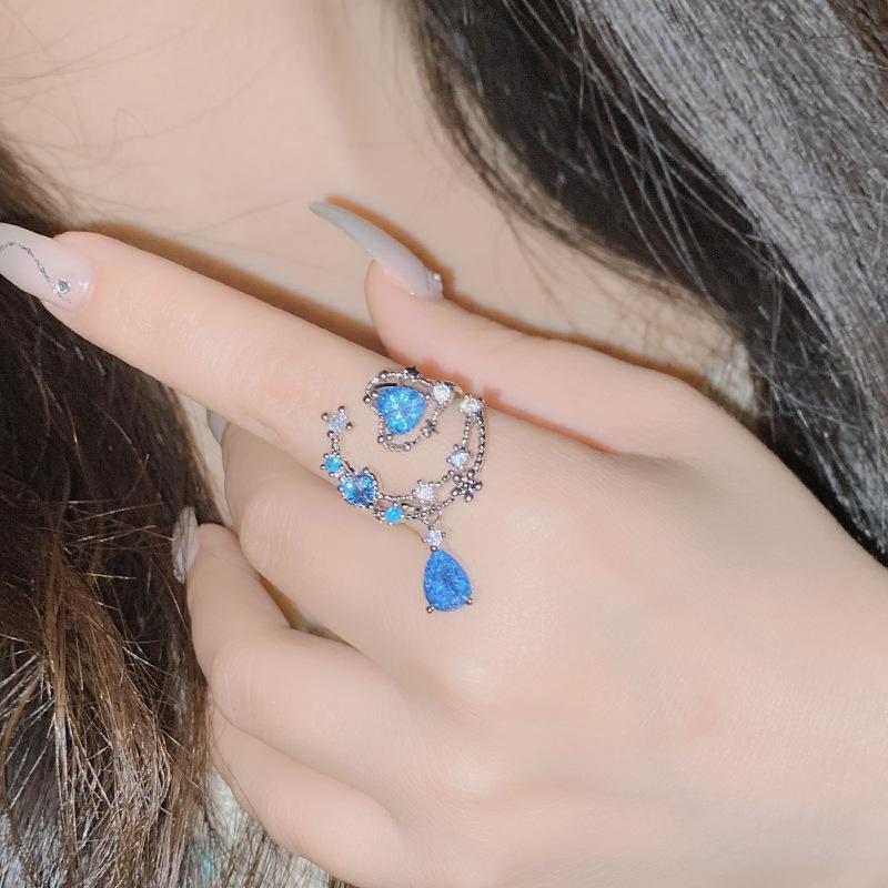 2026 Sea Blue Love Zircon Ring Female, Sweet and Cool Babes Niche Design High-end Trendy and Cool Open Index Finger Ring