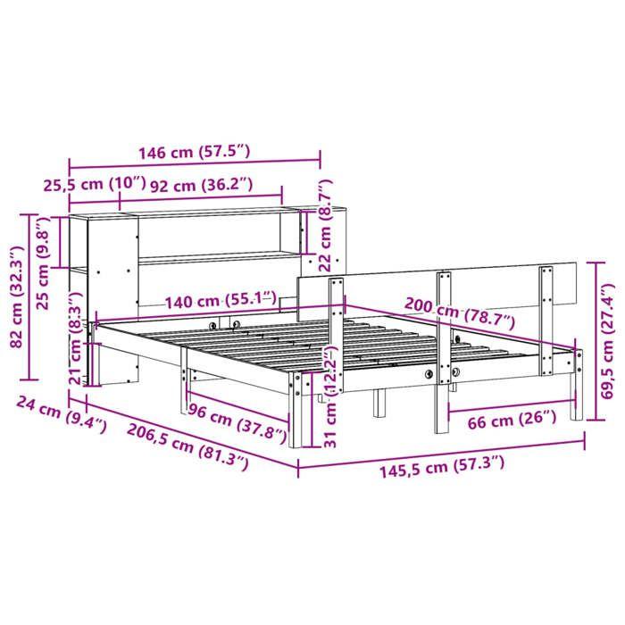 VidaXL Lit bibliothèque sans matelas blanc 140x200 cm bois pin massif, lit, meuble de chambre à coucher, lit avec rangement, 3321775