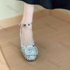Women Summer Shoes 2025 Summer Rhinestone Round Toe Smedium Heel Sandals Non Slip Buckle Strap Dress Style Women Shoes
