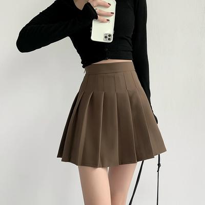 Women's Pleated Skirt Brown Autumn Korean A-line Mini Skirt Thin High Waist Slim Fashion Preppy Style Female Clothing