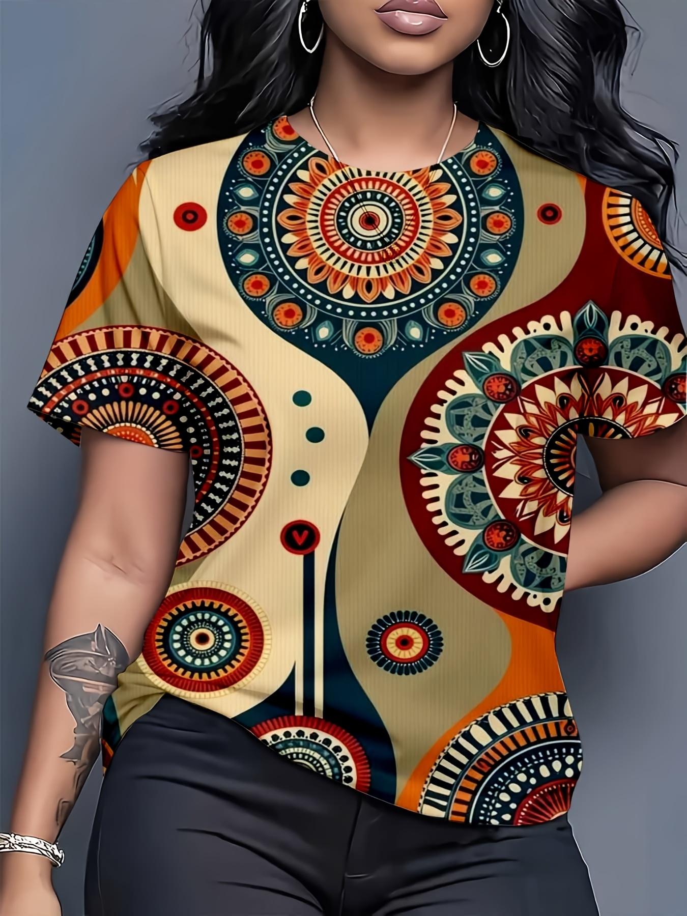 

A Short-Sleeve T-Shirt for Women Featuring a Round Neck And Mandala Designs in Shades of Beige. Orange. Red. And Blue. This Bohemian-Style Top Is Perf 2XL дубильная кора