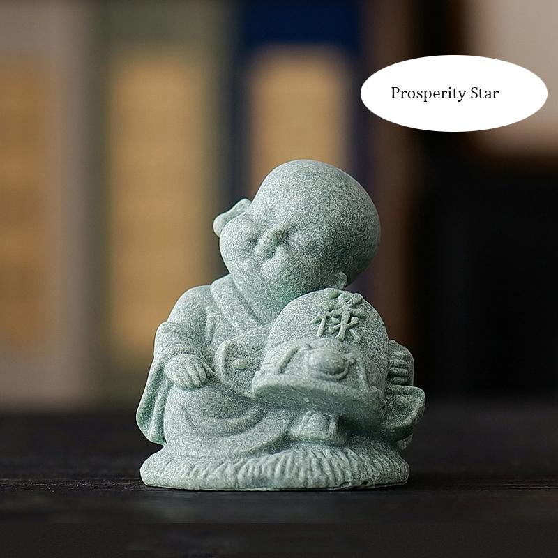 Green Sandstone Fu Lu Shou Little Monk sculptures and figurines Cute Home Room Office Wealth Luck Feng Shui Decor statuette