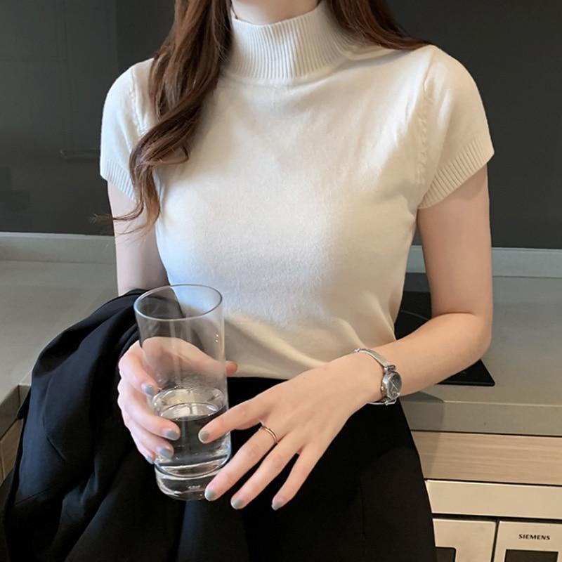 2023  Casual Knitted Women Tops Women Clothing Blusas Summer Solid Slim Turtleneck Blouse Fashion Chic Korean Clothes 8622