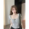 Design Sense Lace-up Square Neck Front Shoulder Short-sleeved T-shirt Women's Summer New Pleated Slim-fit Spice Girl Sweet Girl Top