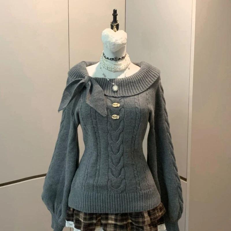 Suéter de Punto con Lazo Estilo Coreano Y2K para Mujer Dulce Japonés Delgado Suéter para Dama de Oficina Otoño Invierno Suéter Liso