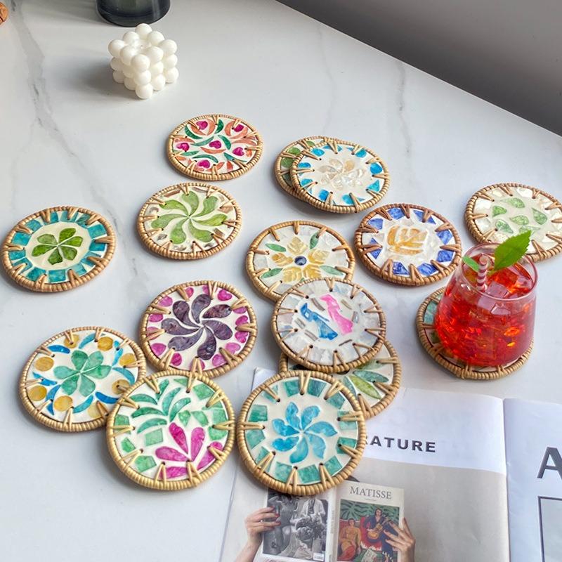 Bohemian Real Rattan Finely Woven Color Shell Placemat Nordic Insulation Pad Restaurant Home Round Desktop Decorative Coasters