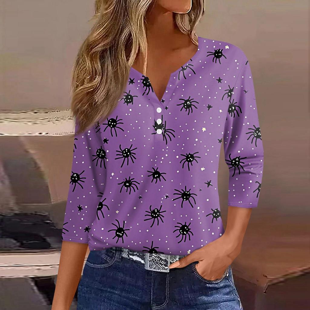 Damen T-Shirt Tee Halloween Bedruckt Knopf 3/4 Ärmel Tunika Täglich Wochenende Mode Basic V-Ausschnitt Reguläres Oberteil