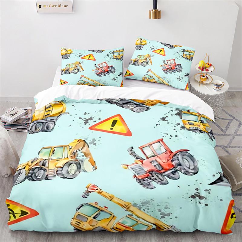 Kid Tractor Truck Duvet Cover Twin Cartoon Transportation Quilt Cover Polyester Construction Vehicle Bedding Set Car Theme Decor
