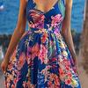 V-neck Waist Tight Split Hem Lady Dress Floral Print Sleeveless Sling Beach Holiday