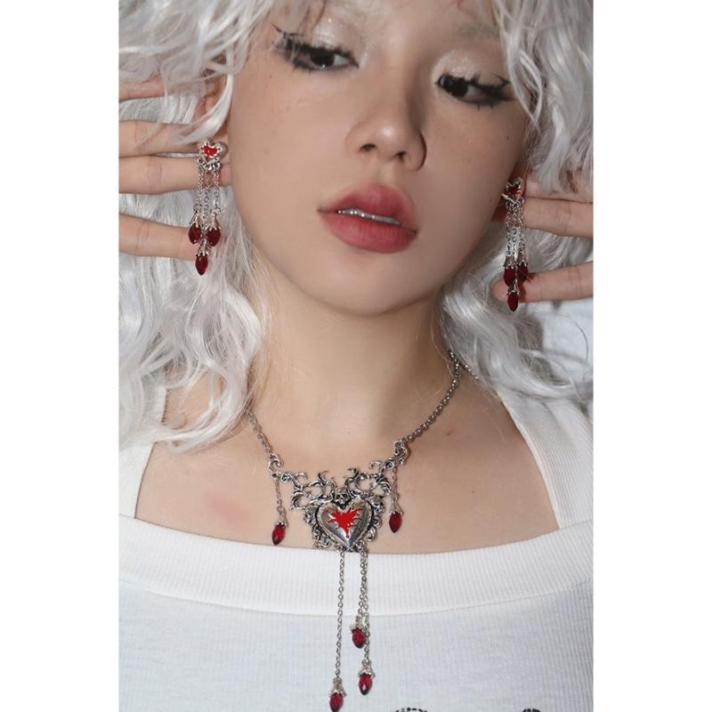 1 Set Niche Design Sense Red Dripping Diamonds Necklace Love Heart Earrings Halloween Christmas Fashion Retro Earrings