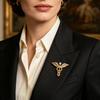 Lapel Brooch Accessory with Clear Stone Caduceus Shape, Copper Pin for Jacket, Scarf and Collar Outfit Wear Styling