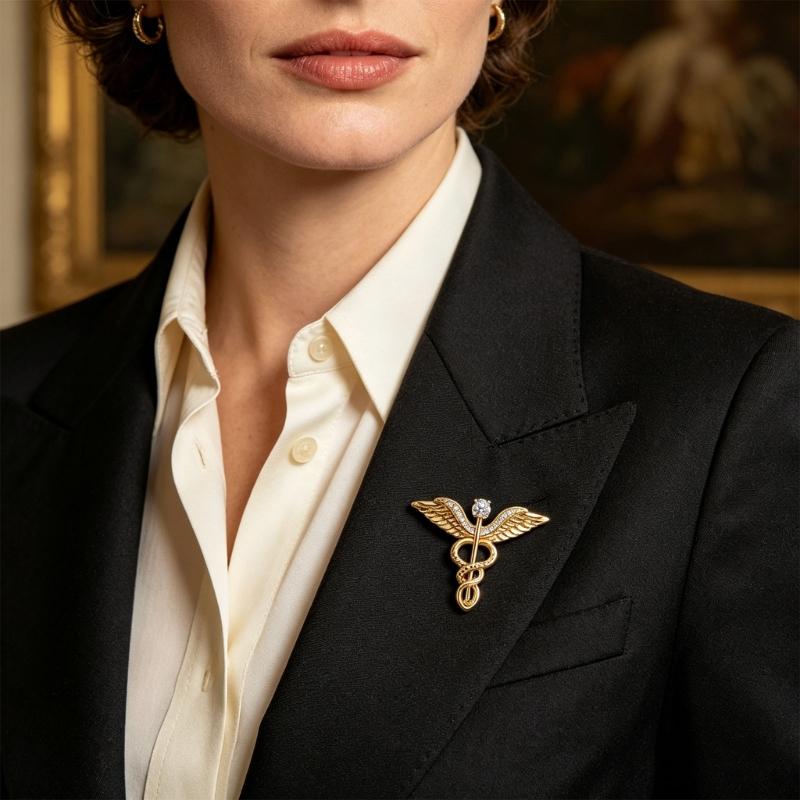 Lapel Brooch Accessory with Clear Stone Caduceus Shape, Copper Pin for Jacket, Scarf and Collar Outfit Wear Styling