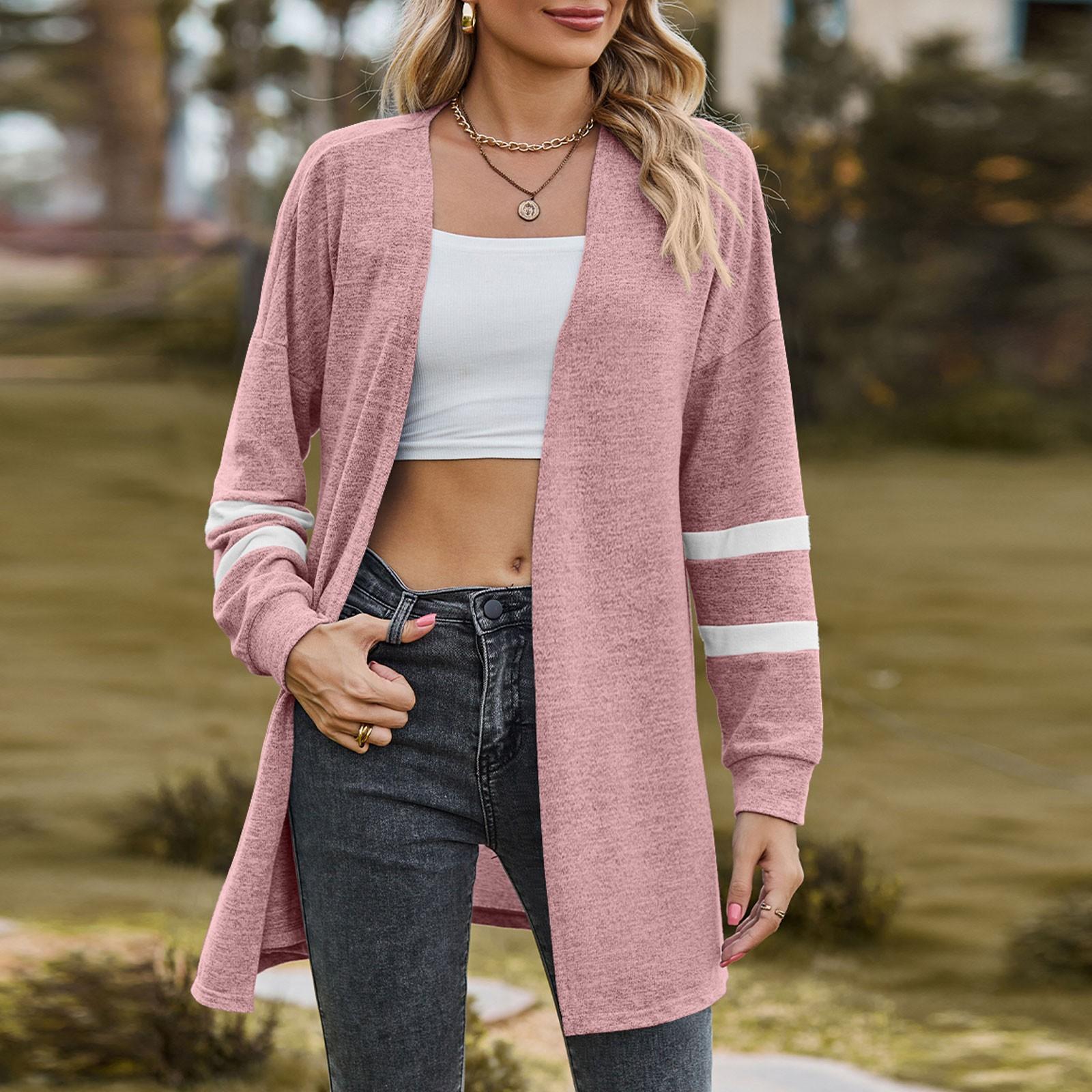 

Женский осенне-зимний свитер с длинными рукавами, вязаный кардиган контрастного цвета, куртка XL розовый