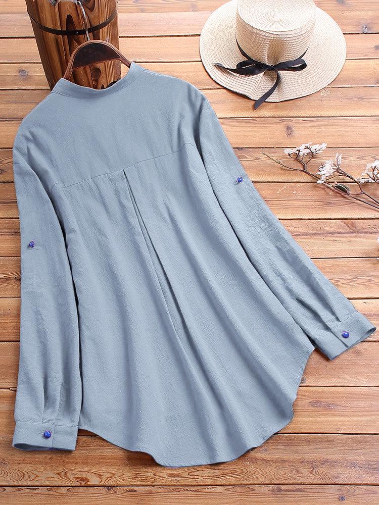 2024 Spring/Summer Women's Cotton Linen Print Shirt with Stand Collar and Colored Buttons