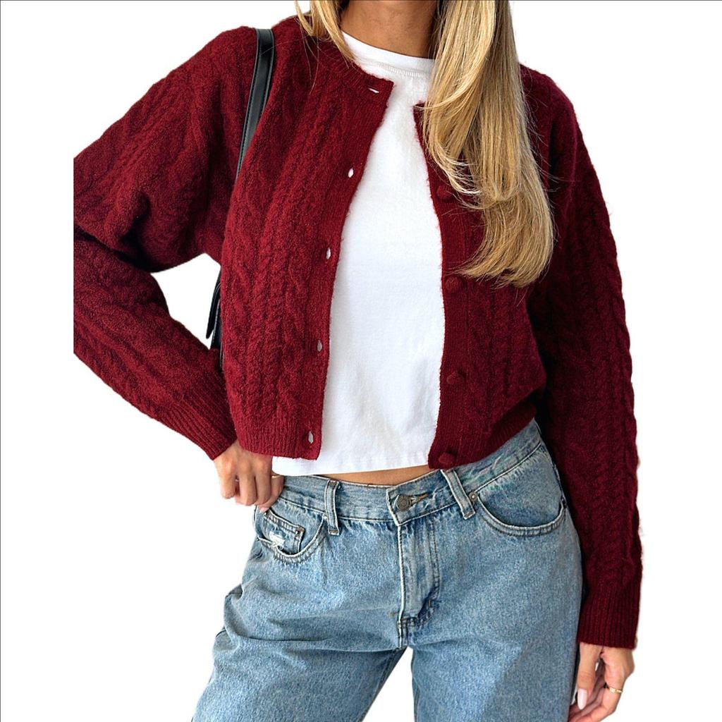 2024 Herbst Schlank geschnittener Zopfmuster-Strickjacke – Einfarbig, Rundhalsausschnitt, Vielseitiger Stil