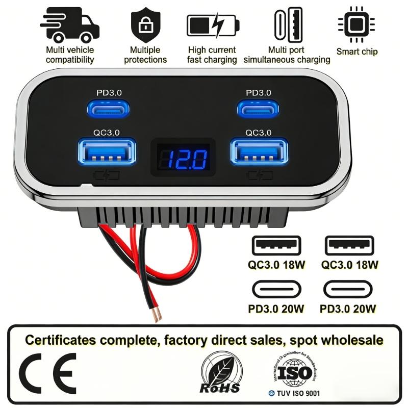 USB Outlet Car Charging 4 Ports Double PD QC3.0 Voltmeter Wall Mount Accessories Simple Installs for 12V 24V Cars Trucks
