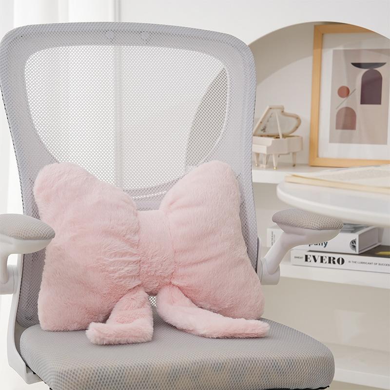 Pink Bow Ribbon Couch Pillow Imitation Rabbit Fur Comfortable Car Seat Cushion Ins Style Simple Back Cushion