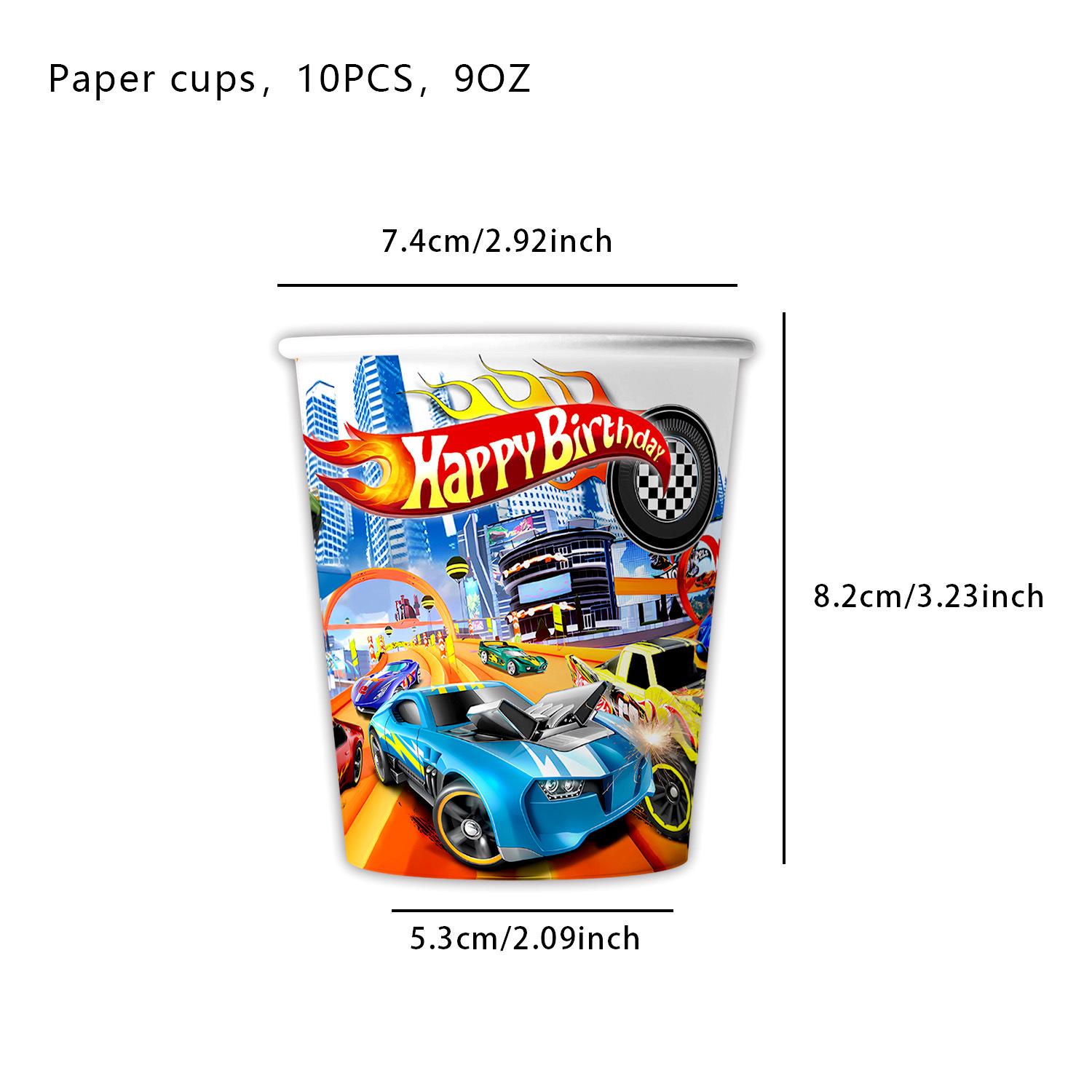 Набор посуды для дня рождения в стиле гонок Hot Wheels: Тарелки, Чашки, Салфетки, Украшения.
