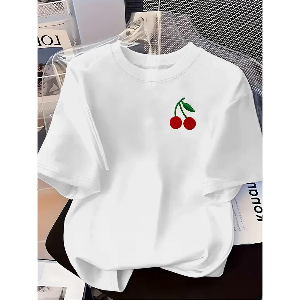 Cherry Pattern Summer New Women's Printed T-shirt Casual Fashion Elegant Round Neck Casual Women's Clothing