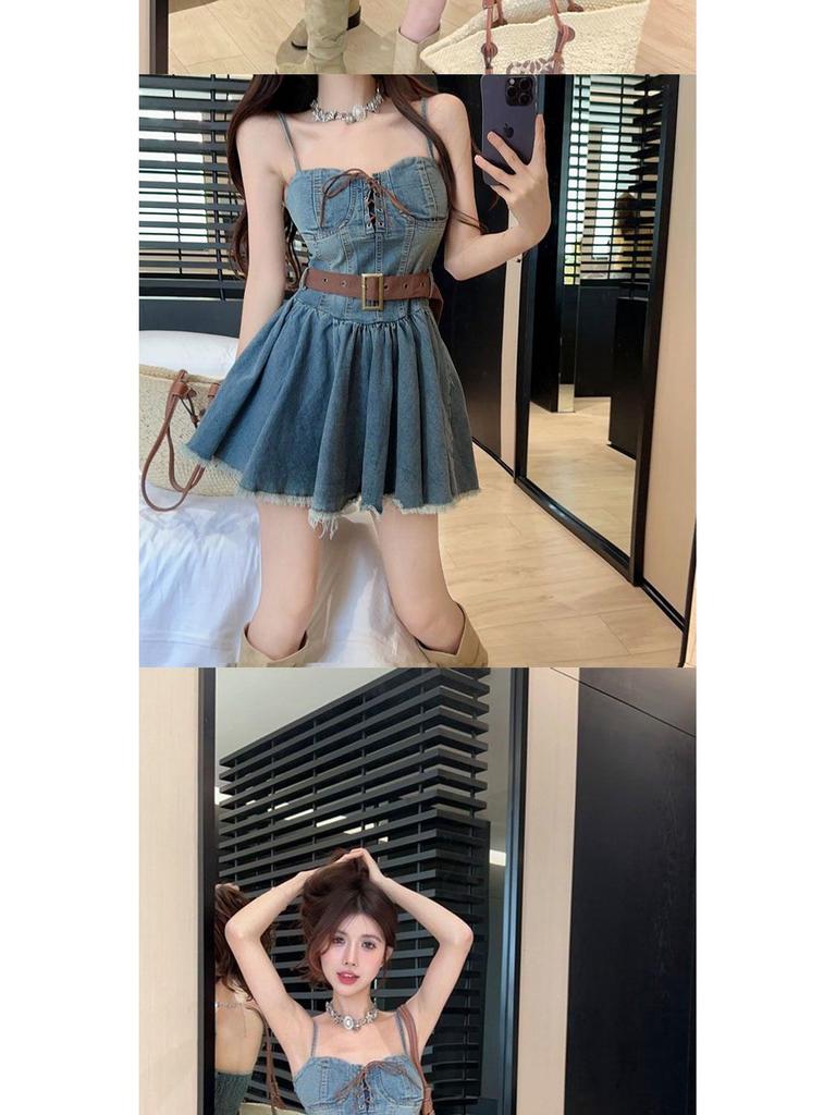 Stylish Plus-Size Strapless Denim Dress: Age-Reducing, Waist-Cinching Suspender Short Skirt for Summer