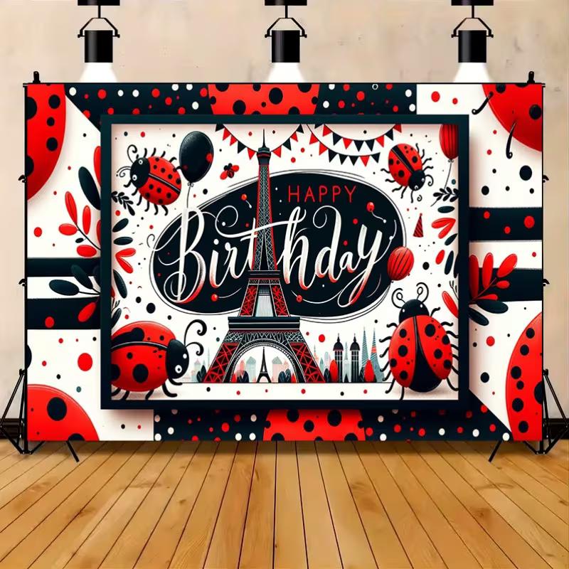 2D Eiffelturm Marienkäfer Geburtstag Hintergrund Banner Fahnen Kinder Party Dekoration Hintergrundtuch