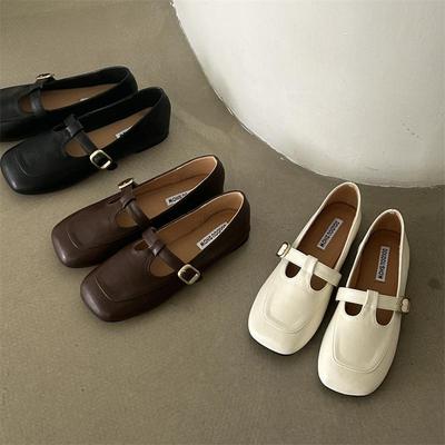 Zapatos retro cuadrados de tacón bajo para abuela estilo francés 2025 nuevos Mary Janes con hebilla en T zapatos de vestir planos de suela baja zapatos pequeños de cuero