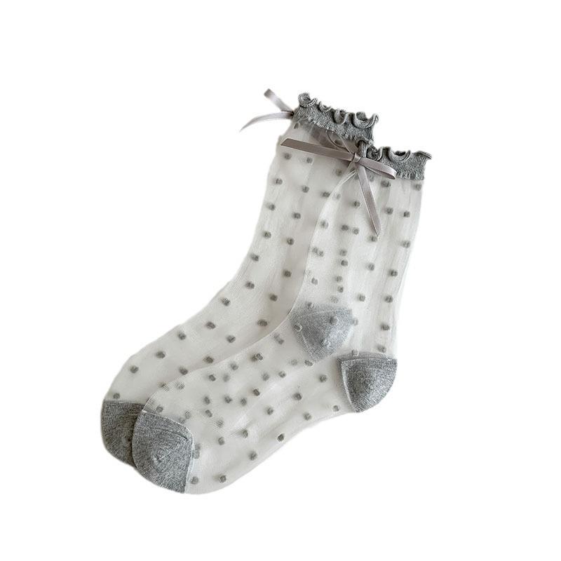 Calze in Fibra di Vetro - Calze Estive Leggere Trasparenti con Fiocco Dolce e Pizzo per Ragazze, Calzini Carini a Pois.