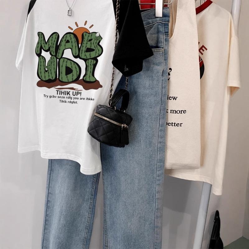 Women's Summer Loose Casual Printed T-shirt with Contrasting Colors Off The Shoulder Short Sleeve Women with Top