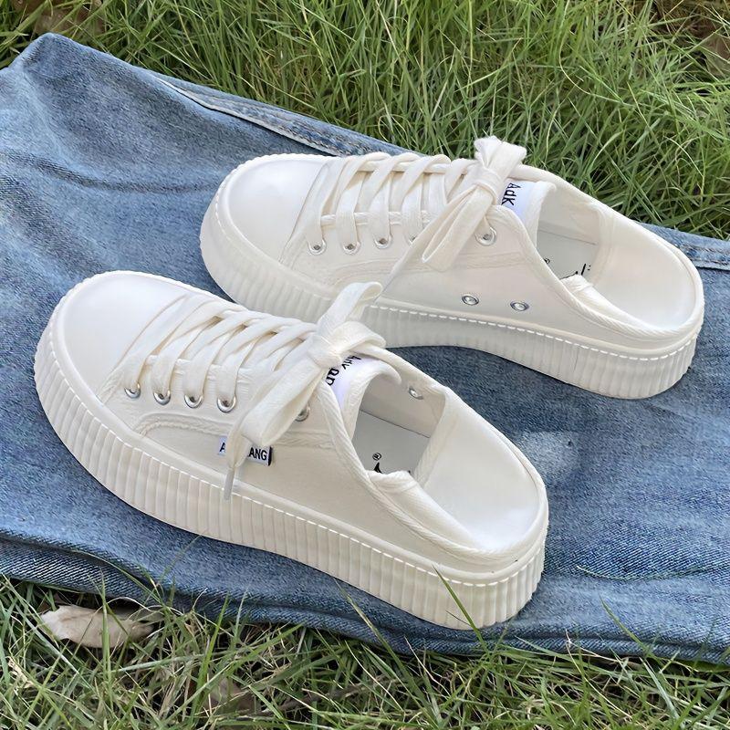 One Shoe and Two White Shoes for Women In 2025 Summer, Thin Thick-soled Heightening Canvas Shoes, Versatile Student Biscuit Shoes