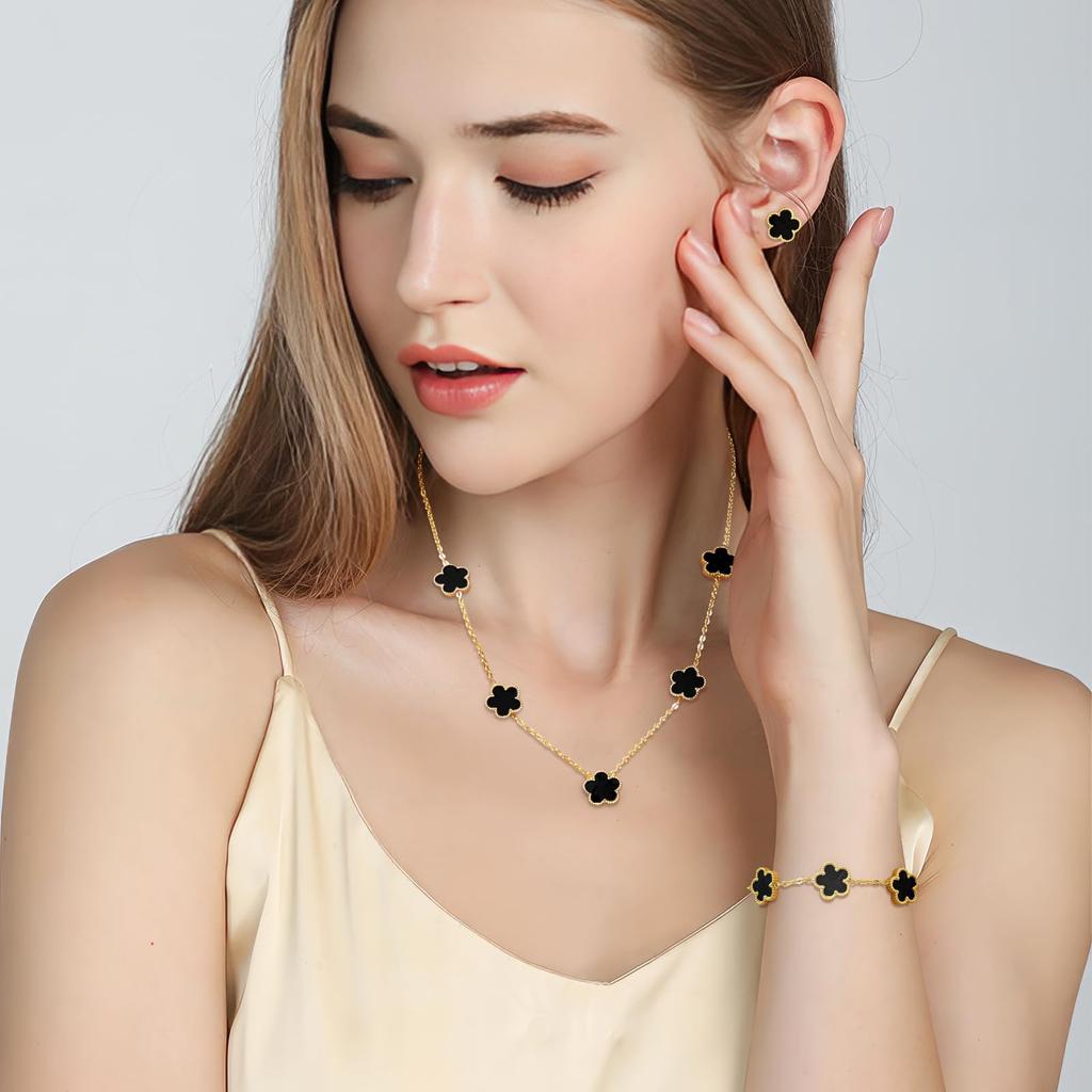 Smyckesset med lyckoklöver - 18K guldpläterad blomdesign Armband med fem blad, Halsbandshänge, Örhängen för kvinnor Lyckobringande gåvor