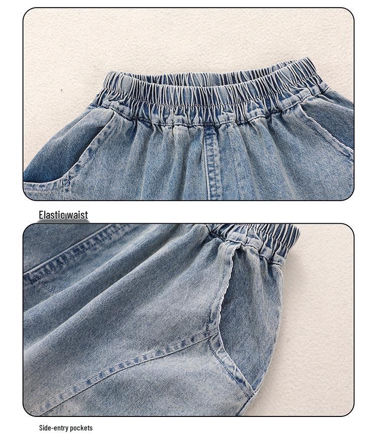 2026 Boys' Summer Silent Fashion Denim Short-Sleeve Shirt and Tie Two-Piece Set