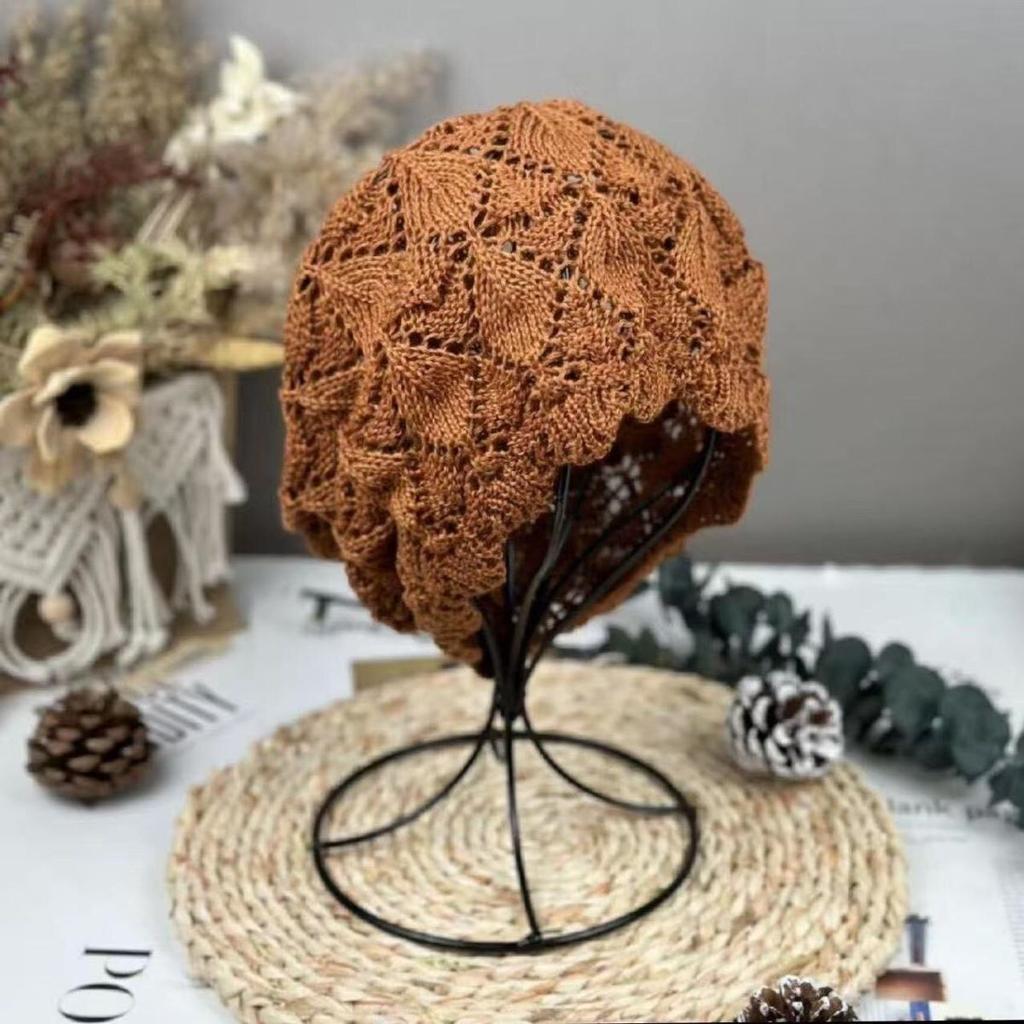 Women's Fashion Hollow Spring and Summer Hat Breathable Lace Thin Headscarf Knitted Slouchy Head Hat Hair Covering Hat