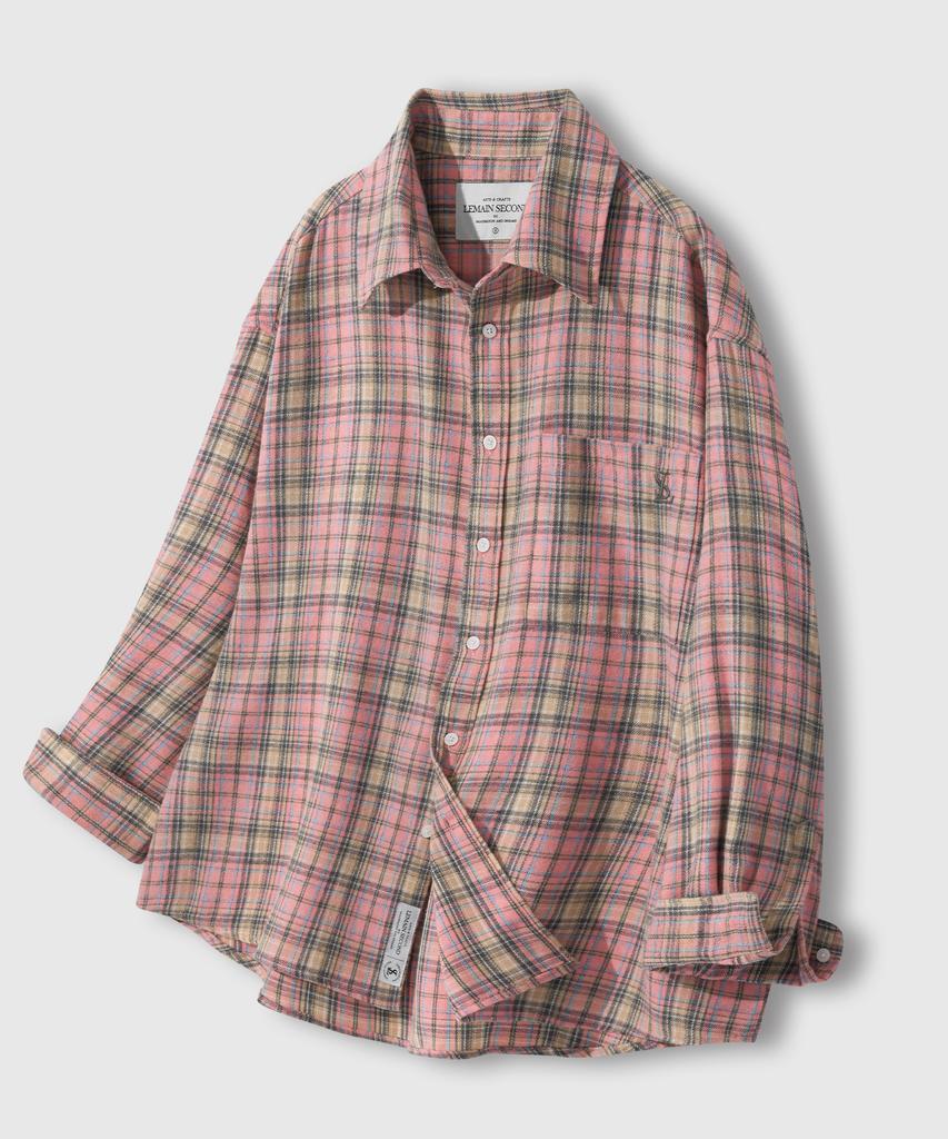 LEMAIN SECOND Oversized Flannel Pocket Check Shirt [Deep Pink]