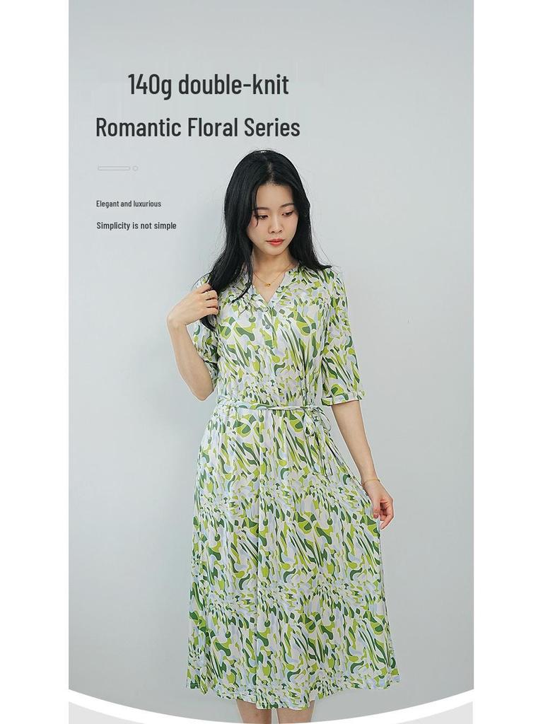 Guolian Floral V-Neck Slimming Long Dress - Mulberry Silk