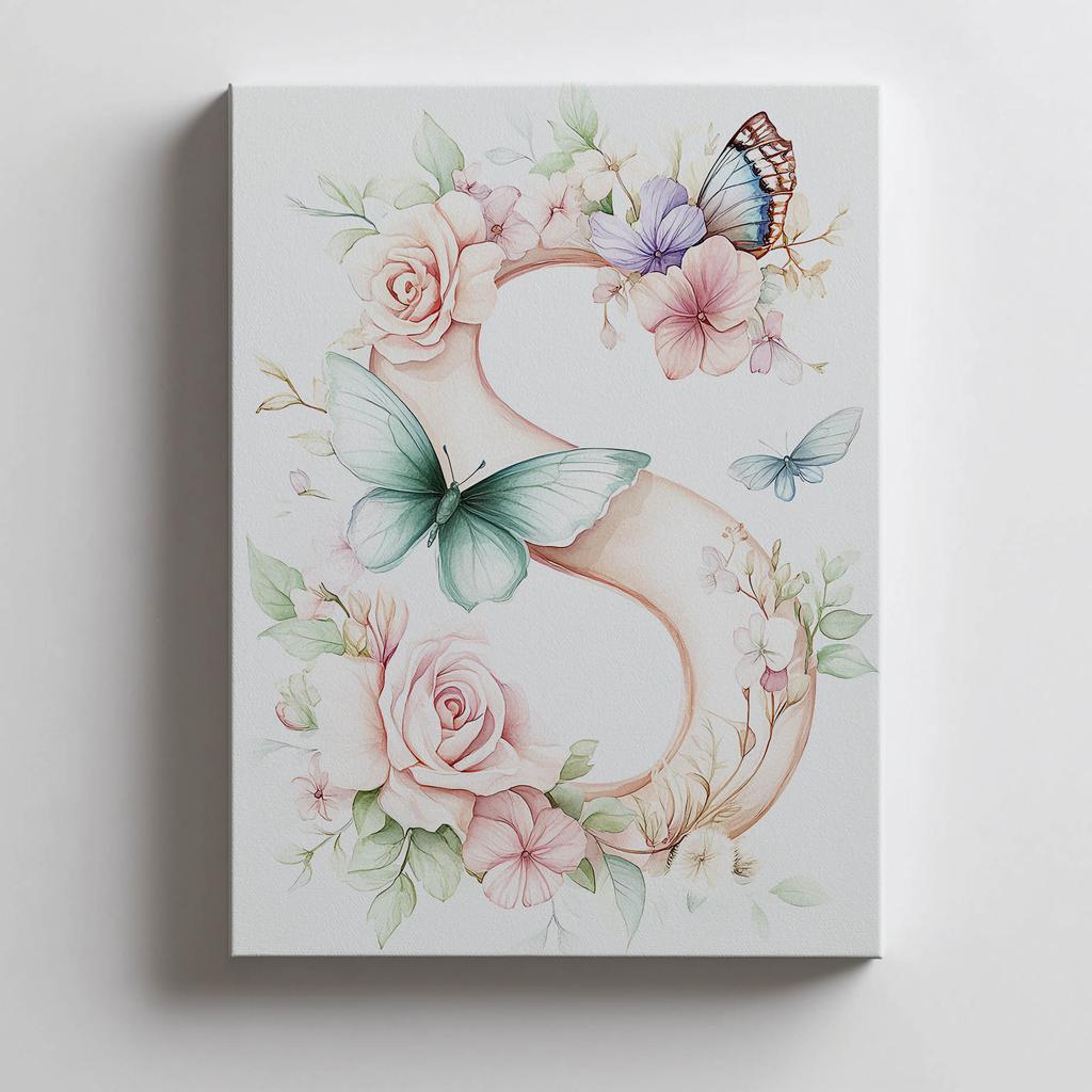 Plakat "S" Z Kwiatami I Motylami Plakat "S" Z Kwiatami I Motylami, 50X70 Cm, Rama Drewniana Ciemny Brąz, Papier Matowy 230 Gsm