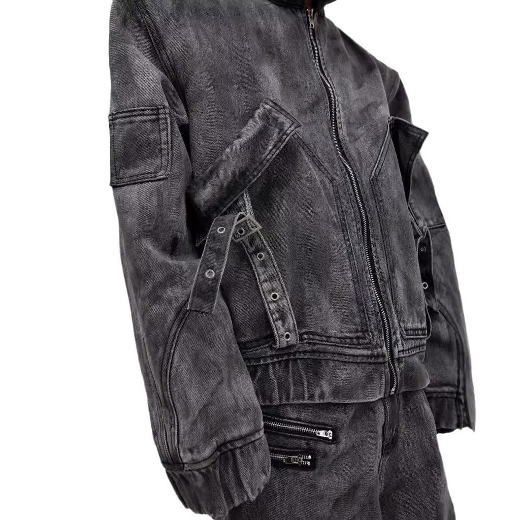 American Style Men's Distressed Washed Denim Jacket - Inverted Design, Loose, Casual, Versatile for Autumn & Winter