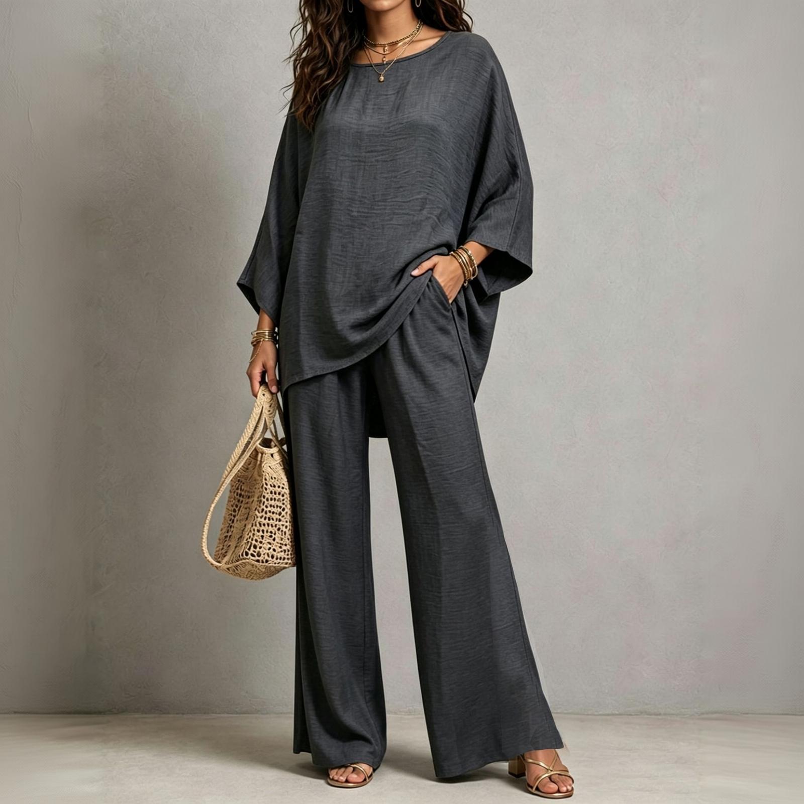 Women s Linen Cotton Two-Piece Set with Pockets for Summer Vacation Beach Wear L
