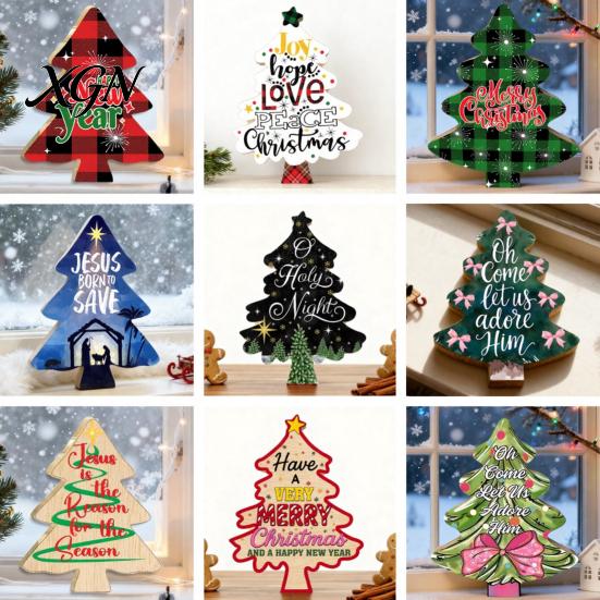 Festive Home Decor Accents Colorful Christmas Tree Tabletop Decor, Wooden Plaid Patterned Xmas Signs with Small Party Favors Merry Greetings,