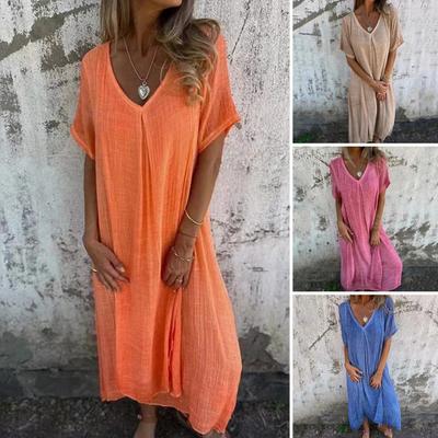 Women Summer Dress V Neck Short Sleeves Loose Solid Color Thin Soft Breathable Bohemian Style Mid-calf Length Beach Midi Dress