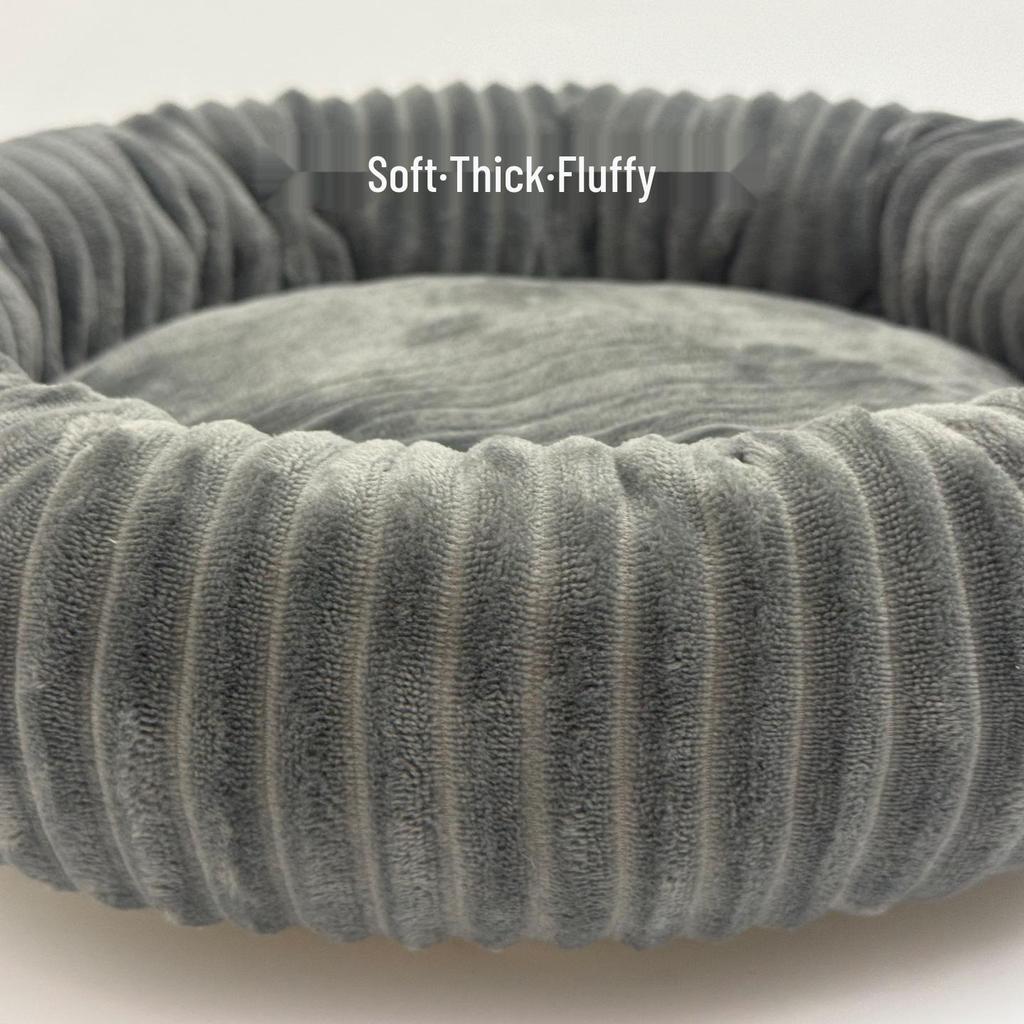 Warm Ribbed Flannel Round Dog Bed & Mat for Small-Medium Dogs