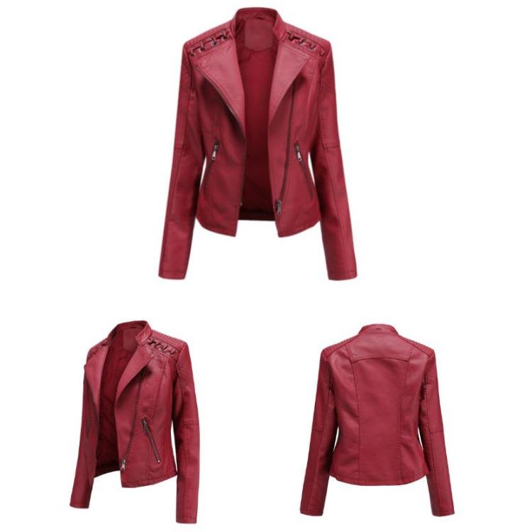 Stylish Women Faux Leather Moto Jacket Retro Lacing Detail PU Biker Coat Casual Zip Up Outerwear Slim Fit Short Classic Plus Size S-4XL