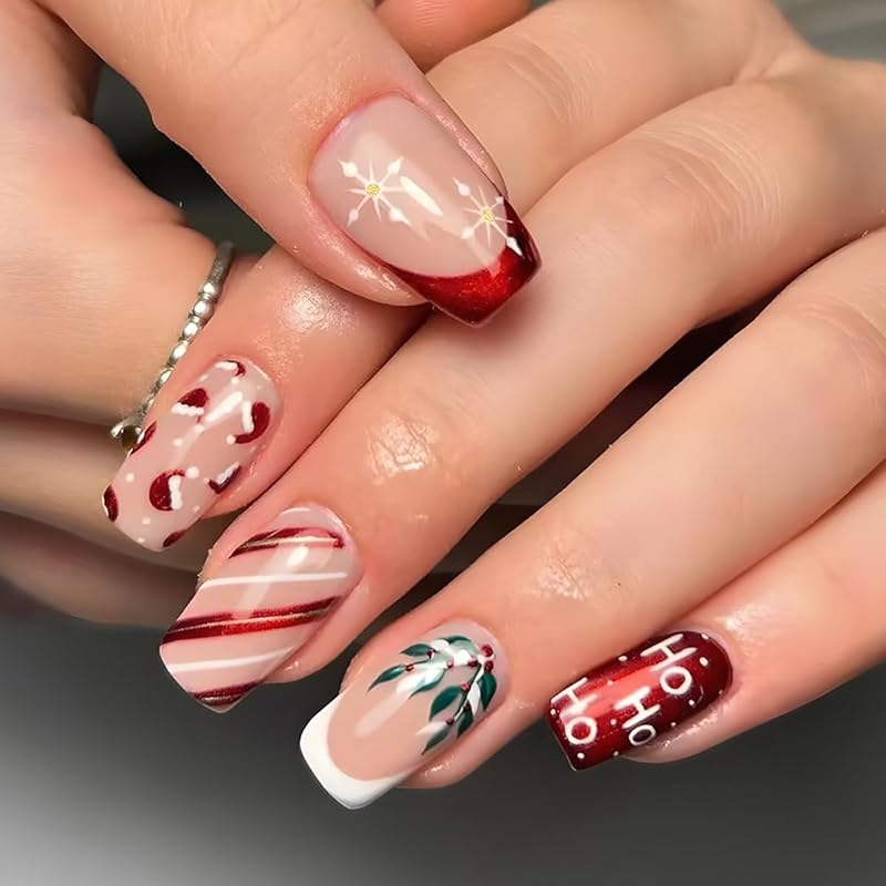 Christmas Press on Nails Medium Square Fake Nails Xmas Nails Press ons with Winterberry,Candy Cane,Snowflake,Santa Hat Design Reusable Artificial