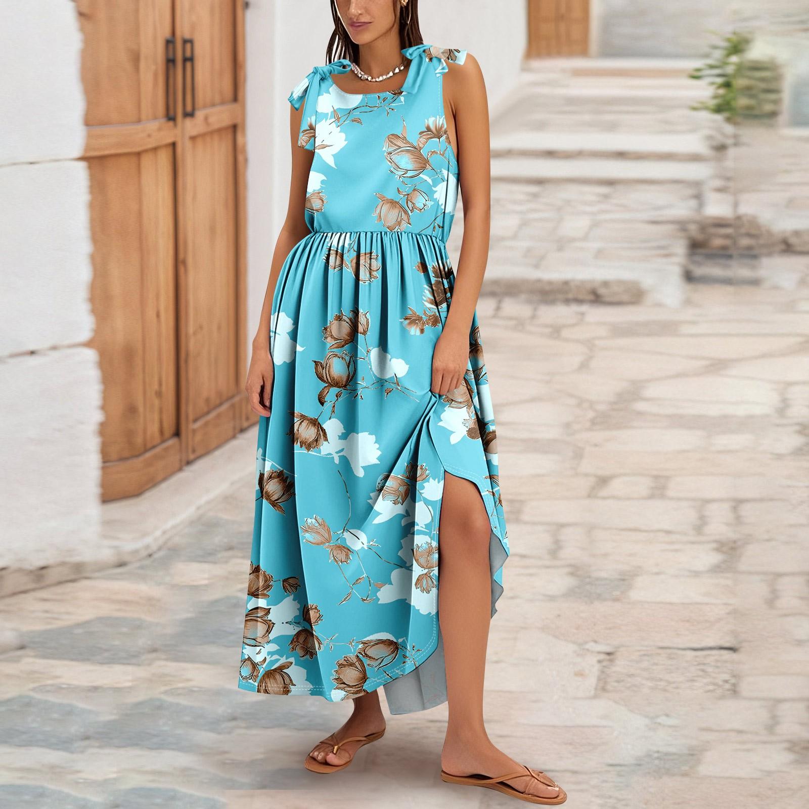 

Женское летнее модное платье-майка А-силуэта без рукавов повседневное платье с цветочным принтом/однотонными карманами M синий