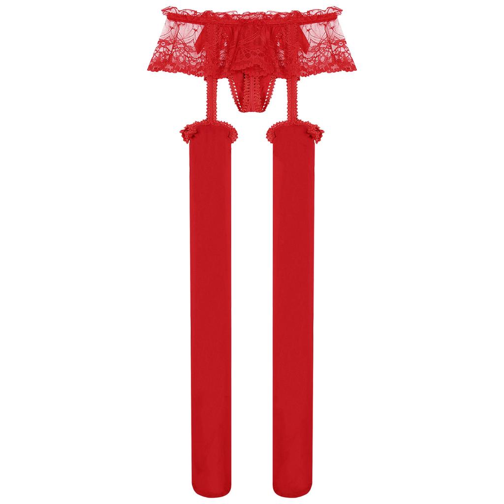 Mens Exotic Sheer Lace Briefs with Stocks Cutout Pantyhose Bulge Pouch G-Strings Glossy Garters Leggings Sissy Nightwears Party