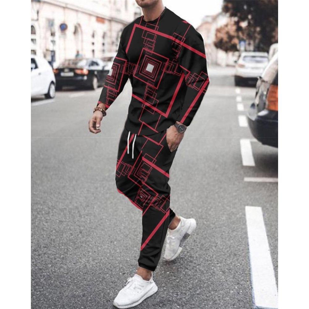 New Men's Long Sleeve T-Shirts Sets Abstract Pattern 3D Print Sports T-Shirt Pants Suit Fashion Tracksuit 2-Piece Jogger Outfits