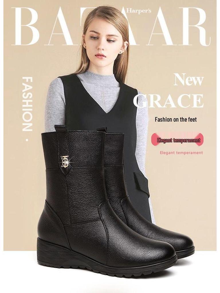 2025 Autumn/Winter Women's Fleece-Lined Wedge Heel Non-Slip Mid-Calf Cotton Martin Boots with Short Height Insole