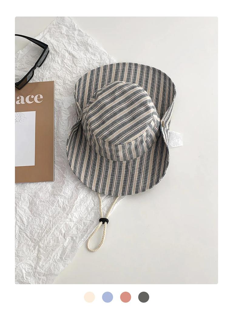 Stripesd Fisherman Hat Women's Summer New Large Brim Lanyard Sun Hat Outdoor Camping Style Hiking Mountaineering Hat Bucket Hat